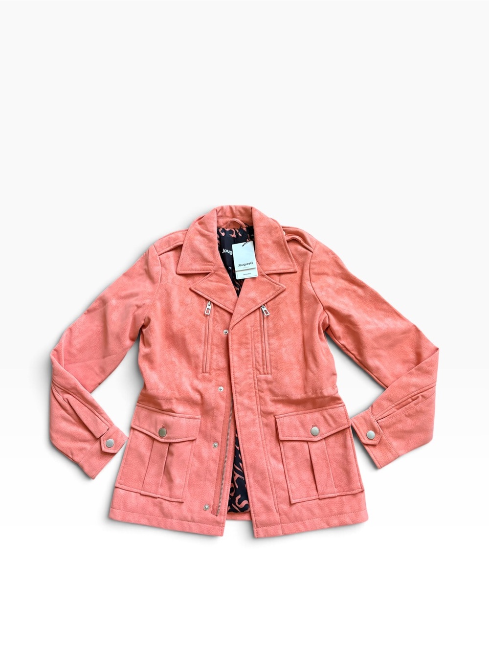 New Desigual Multi-Pocket Zip Front Jacket Cinched Waist Salmon Pink size XS